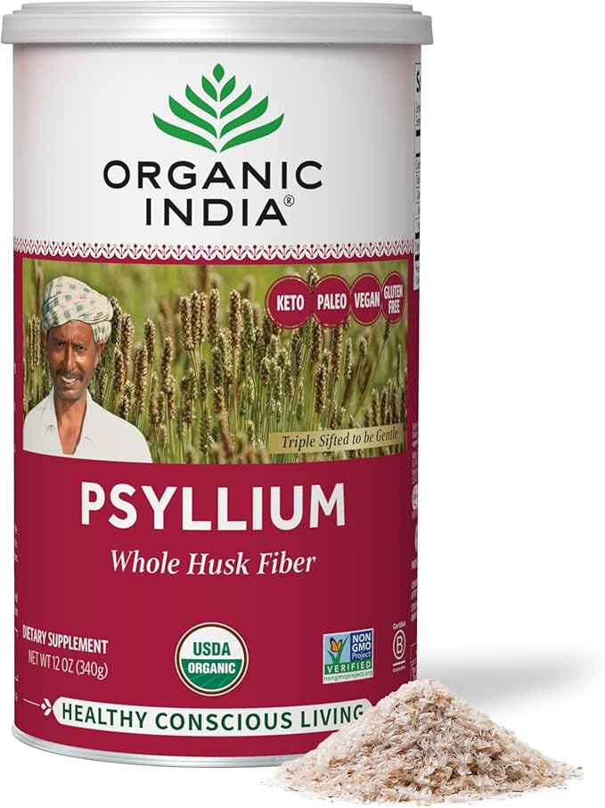 ORGANIC INDIA Whole Psyllium Husk Powder Organic - Psyllium Husk Fiber Supplement, Digestion Support, Vegan, Gluten-Free, Non-GMO, Soluble & Insoluble Fiber Source - 12 oz Canister, 6 Pack