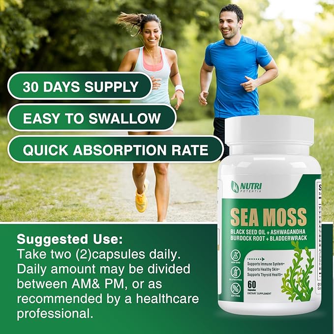 Sea Moss Black Seed Oil Ashwagandha Ginger Supplement - Irish Sea Moss with Turmeric, Bladderwrack & Burdock - 16 in 1 Immune, Joint and Gut Support - 60 Capsules
