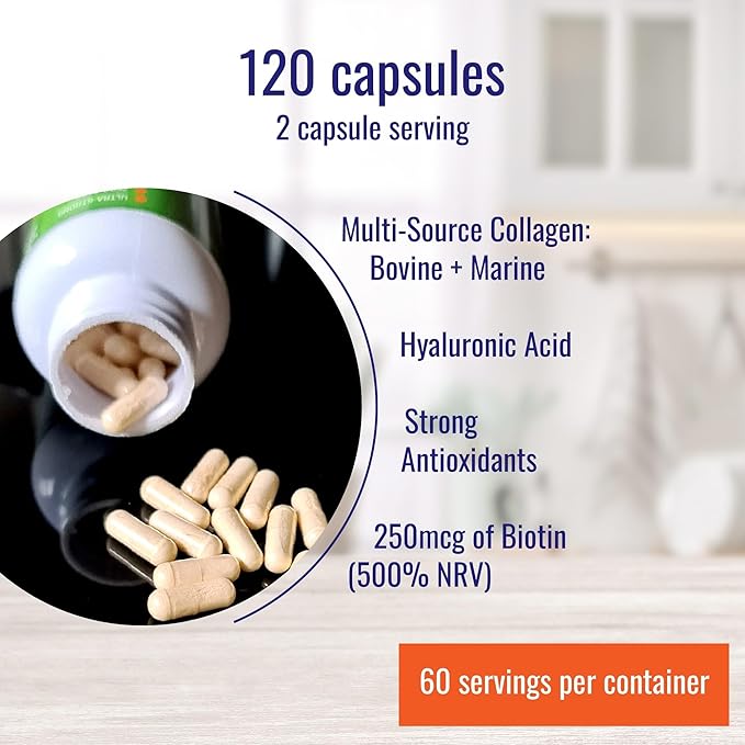 Nutri-Align Multi Collagen | 120 Collagen Peptides Capsules - 600mg Bovine Collagen & 400mg Marine Collagen per Serving | Collagen for Women Hair, Skin & Nails with Vitamins & Amino Acids | Sugar Free