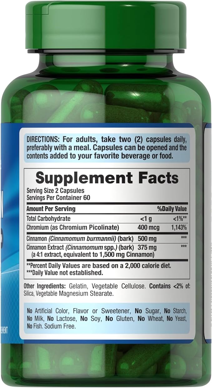 Puritan's Pride Cinnamon 875 mg (2000 mg Equivalent) with High Potency Chromium, Supports Sugar, Fat, & Healthy Nutrient Metabolism, Cellular Energy, Digestive Health, 120 Rapid Release Capsules