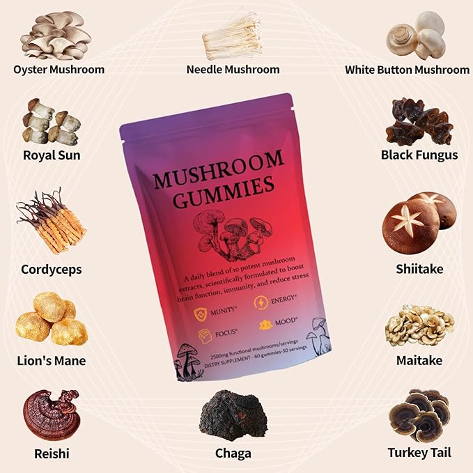 Sky Nutrition Mushroom Gummies,12 Mushroom Blend with Chaga, Lions Mane, Reishi, Cordyceps - 60 Gummies - Support Cognitive Function, Immune Health & Energy