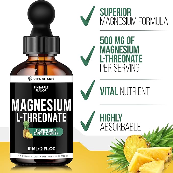Magnesium L-Threonate Liquid Drops – 500mg High-Absorption Brain Support, Pineapple Flavor, 60ML Vegan, Gluten-Free, Non-GMO