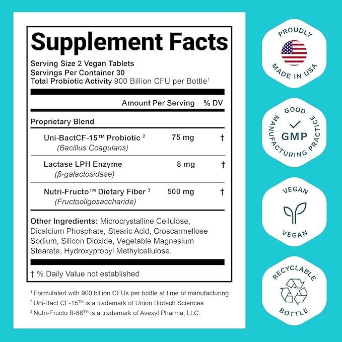 Probiotics for Women and Men - with Lactase Enzyme and Prebiotic Fiber for Digestive Health - 80%+ More Potent Supplement for Gut Health Support - Vegan Raw Probiotic Formula, Made in The USA