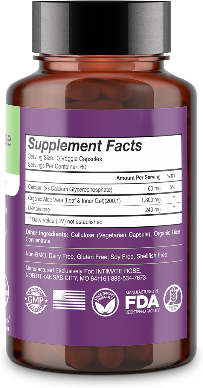 Intimate Rose Aloe Vera Capsules - IC Supplements - 200x Concentrate Pure Aloe Vera + D-Mannose + Calcium - Easy to Swallow Aloe Vera Pills