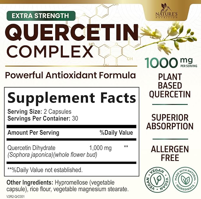 Quercetin 500mg Capsules - Extra Strength Quercetin Supplements 1000mg Serving - Antioxidants & Bioflavonoids Support for Immune, Heart & Cellular Health - Non-GMO & Gluten Free - 60 Veggie Capsules