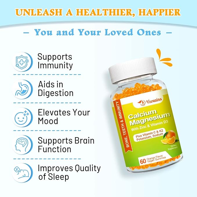 High Absorption Calcium Gummies, Sugar Free Calcium Magnesium Supplement with Potassium Vitamin D3 for Men and Women - Vegan, Orange Flavor 60 Cts