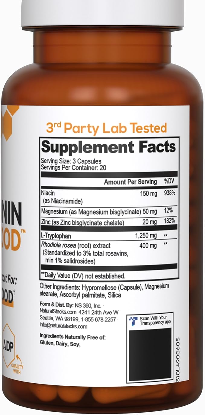 Serotonin Brain Food - 1250mg L-Tryptophan & 400mg Rhodiola Rosea Supplement - Mood Support Supplement for Stress Relief - Neurotransmitter Support with Magnesium Glycinate & Zinc - 60 Capsules