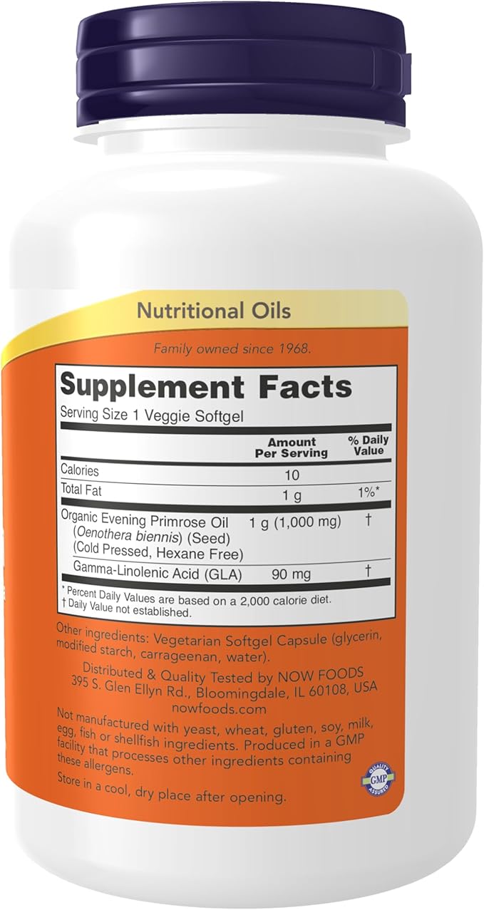 NOW Foods Supplements, Evening Primrose Oil 1000 mg, Cold Pressed, Hexane Free, Vegan Formula, 90 Veg Softgels