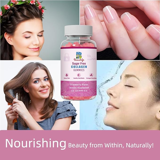 Collagen Gummies, with Biotin,Bamboo, Hydrolyzed Collagen Peptides Supplement, for Healthy Skin Support, 60 Gummies,Strawberry Flavor