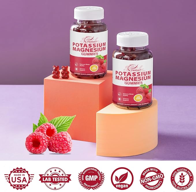 Potassium Magnesium Gummies Potassium Citrate 99mg Magnesium Citrate 250mg Magnesium Potassium Complex Supplement, Immune Support, 60 Raspberry Gummies