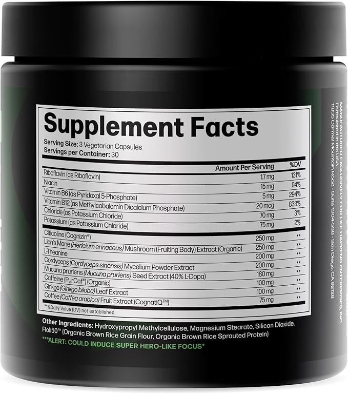 Life Happns Level Up Energy and Focus Supplement with Lions Mane, Ginkgo Biloba, L Theanine, Cordyceps Mushroom, Vitamin B, Brain and Memory Support Supplements, 90 Capsules