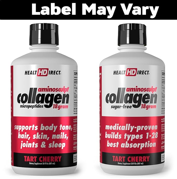 HEALTH DIRECT AminoSculpt Sugar-Free Collagen Supplement - High Potency Medical-Grade Protein for Hair, Skin, Nails & Joints, Grass-Fed, Non-GMO, Liquid Collagen - Tart Cherry - 30 Fl Oz
