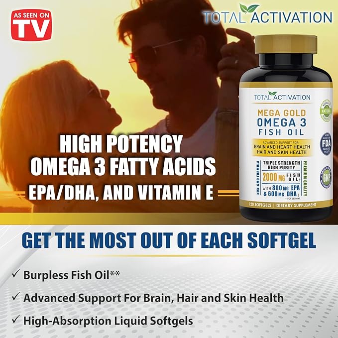 Omega 3 Burpless Max Strength Fish Oil Supplement, Dr. Formula 2000 mg with Vitamin E, 800 mg EPA 600 mg DHA Ultimate Brain, Hair Support Men & Women, Non-GMO 120 Small Liquid Rapid Release Softgels