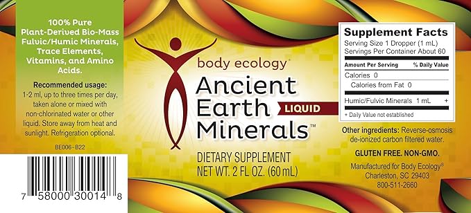 Body Ecology Ancient Earth Liquid Minerals | 100% Plant-Derived Trace Mineral Liquid Supplement | Fast-Absorbing Electrolyte Solution for Immune Support | 60 Servings (2 fl oz)