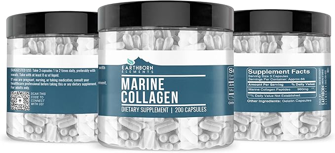 Earthborn Elements Collagen Peptides (200 Capsules) Hydrolyzed Fish Collagen, Non-GMO, Scent-Free, Bioavailable (960 mg Serving)