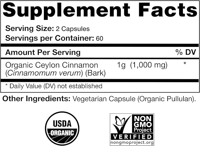 USDA Certified Organic Ceylon Cinnamon Capsules, Non-GMO Verified Supplement - 120 Capsules, 2 Month Supply