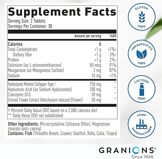 Collagen Complex Supplement – 750mg Hydrolyzed Marine Collagen Peptides, 200mg Hyaluronic Acid, Coenzyme Q10 CoQ10, Eternal Flower Hydration, Age Defense Supplements - 60 Foil Sealed Tablets