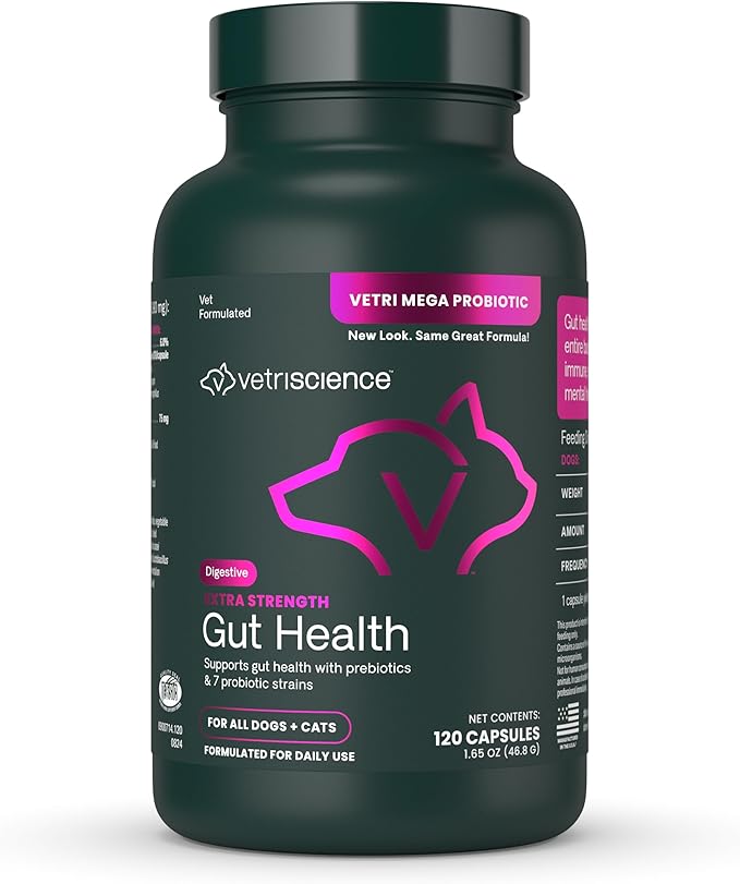 VetriScience Extra Strength Gut Health Probiotic & Prebiotic Digestive Supplements for Dogs & Cats, Gas & Diarrhea & Immune Support, Easy-Open Capsules, 120 Count - New Look
