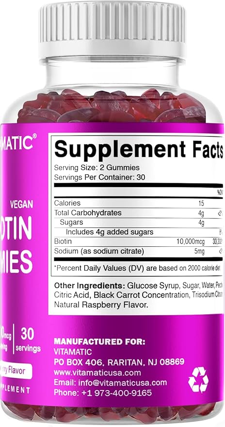 Vitamatic Biotin Gummies 10,000 mcg for Stronger Hair, Skin & Nails - 60 Vegan Gummies - Also Called Vitamin B7 (6 Bottles)