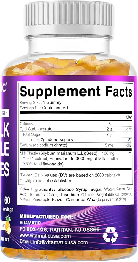 Vitamatic 2 Pack Milk Thistle Gummies- 10000 mg Equivalent Per Serving (from 50:1 Extract 200 mg)- Liver Detox & Anti Oxidant Health - Min. 80% Silymarin Flavonoids - 60 Pectin Based Gummies