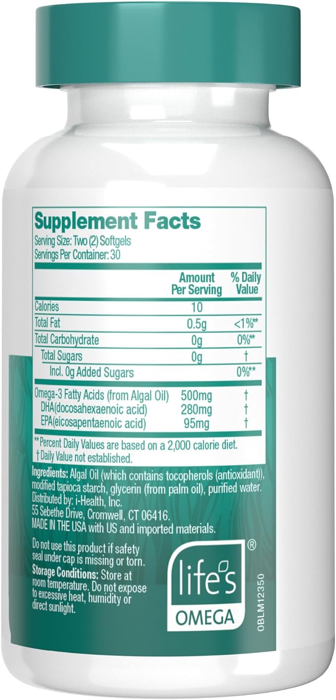 OVEGA-3 Plant-Based Omega-3 from Algal Oil Daily Supplement, 500mg, Supports Brain, Eye & Heart Health, Two mini softgels per Day, 60 Count