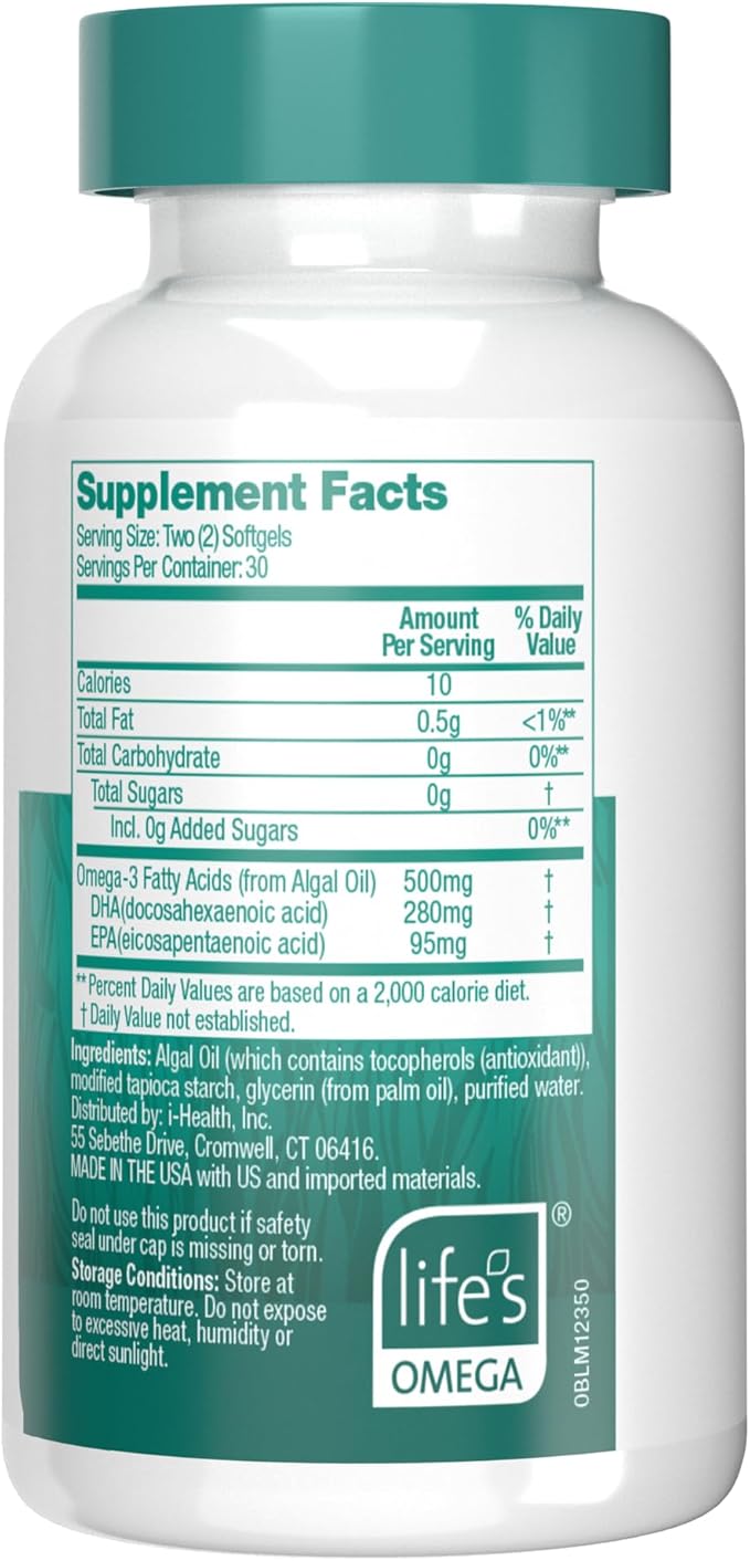 OVEGA-3 Plant-Based Omega-3 from Algal Oil Daily Supplement, 500mg, Supports Brain, Eye & Heart Health, Two Mini softgels per Day, 60 Count (Pack of 2)
