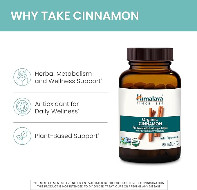 Himalaya Organic Cinnamon, for Glycemic Support, 1100 mg Daily, 60 Tablets, from Cassia Cinnamon Bark and Ceylon Cinnamon Extract, Non-GMO Project Verified, Vegan, Gluten Free Herbal Supplement