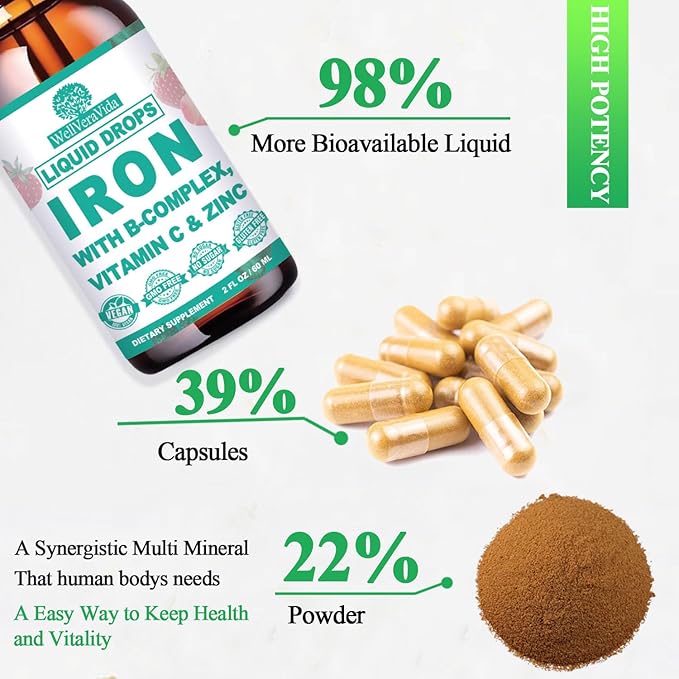 Vegan Iron+D3 K2 Vitamin Bundle:Iron with Vitamin C, B-Complex, Vitamin D3 K2 10000iu Coconut Oil Liquid Drops, Nutritional Bundle for Overall Well-Being