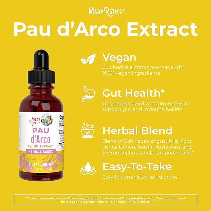 MaryRuth Organics PAU d'Arco Bark Liquid Herbal Supplement | Immune Support, Digestive & Gut Health | Echinacea, Usnea Lichen, Reishi Mushroom, Thyme Leaf | Vegan, Non-GMO | 1 Fl Oz, 1 Month Supply