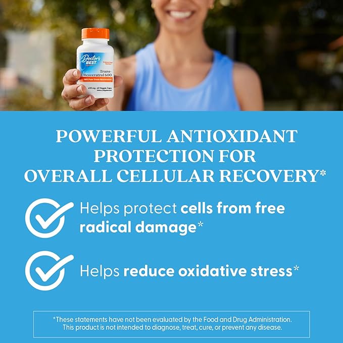 Doctor's Best Trans- Resveratrol 600, 98% Pure Trans-Resveratro, Non-GMO, Gluten Free, Soy Free, Vegan 60 Veggie Caps