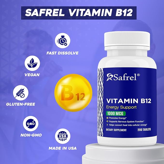 Safrel Vitamin B12 1000 mcg per Tablet, 200 Days Supply, Provides Energy, Metabolism and Nervous System Health Support | Vegan, Gluten Free and Dye Free | Made in USA