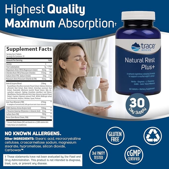 Trace Minerals Natural Rest Plus - Dietary Supplement for Regular & Restful Sleep Support - Health Supplement with Magnesium to Support Relaxation - Herb & Enzyme Blend - 60 Tablets (30 Servings)