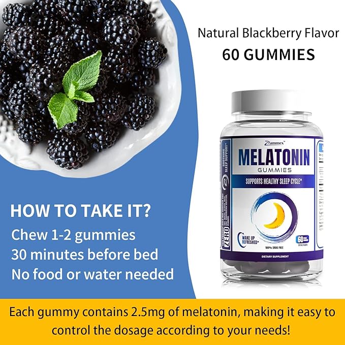 Zammex Melatonin Gummies 5mg | 60 Count | Sleep Supplement for Adult | Drug Free Sleep Aid Gummy | Natural Berry Flavor | Vegan, Non-GMO, Gluten Free