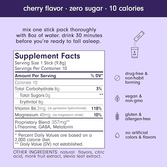 Som Sleep, Restful Sleep Powder Drink Mix w/Melatonin, Magnesium, Vitamin B6, L-Theanine & GABA – Vegan, Zero Sugar, Keto Friendly – Cherry, 10-Pack