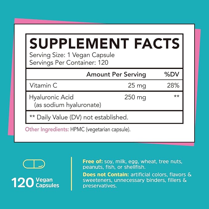 Gutcha Hyaluronic Acid, Ultra Strength with Vitamin C, Low Molecular Weight, High Stability & Bioavailability, Anti-Aging Formula for Skin & Eyes, Vegan, Once Daily, Non-GMO, 120 Caps
