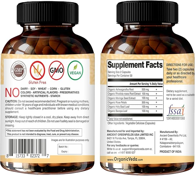 Organic Veda Ashwagandha Mood Support Supplement 1200mg, with Organic Ashwagandha Root, Bacopa, Rhodiola Rosea, Holy Basil, Moringa, Focus & Energy Support - 60 Vegan Capsules