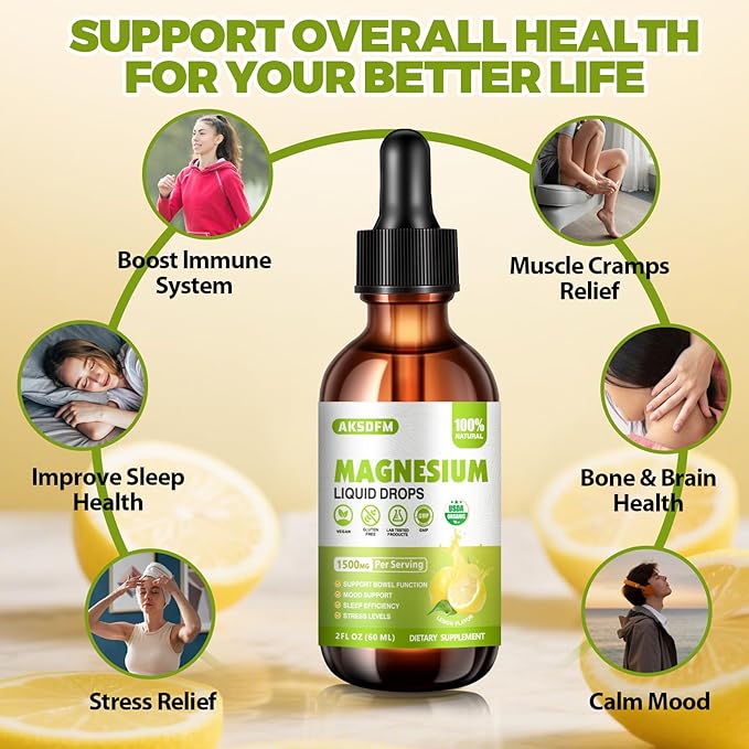Magnesium Glycinate Liquid 2 Pack - 1500mg Maximized Absorption Magnesium Complex Supplement to Support Stress Relief, Night, Heart Health, Nerves and Muscles - Lemon Flavor