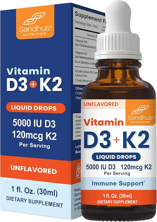 Sandhu's Vitamin d Drops for Adults | 5000 IU D3 Liquid, 120mcg K2 Supplement | D3K2 Supports Immune & Bone Health | Vitamin D3 K2 Drops for Faster Absorption | 1 Fl Oz