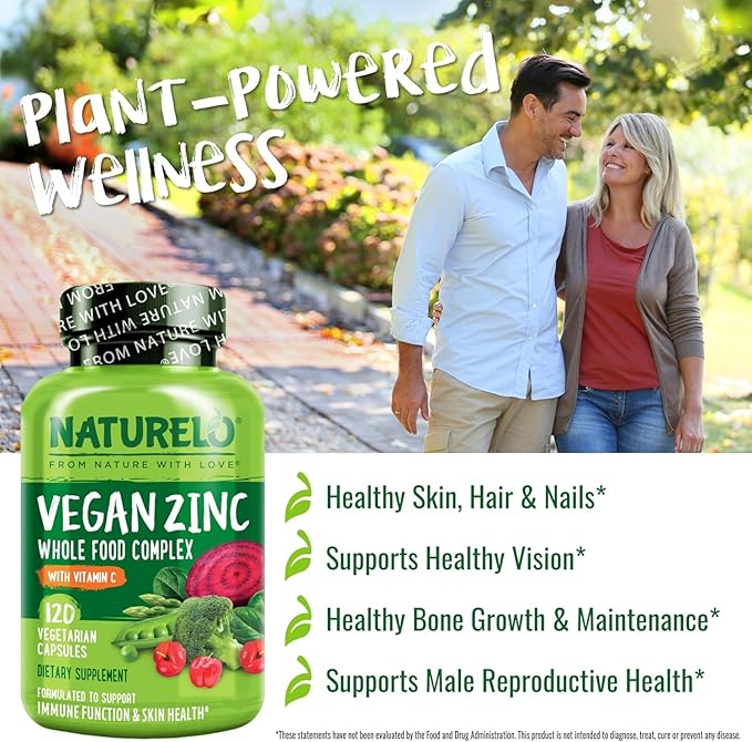 NATURELO Vegan Zinc Immune Support Capsules - Whole Food Complex with Vitamin C for Healthy Skin, Hair, and Nails - 120 Capsules