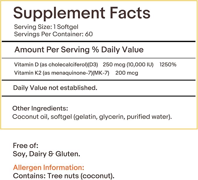 Nature's Nova Vitamin D3 + K2 Softgels for Immune, Bone & Heart Health, 10,000 IU, 60 Count, Non-GMO, Gluten-Free