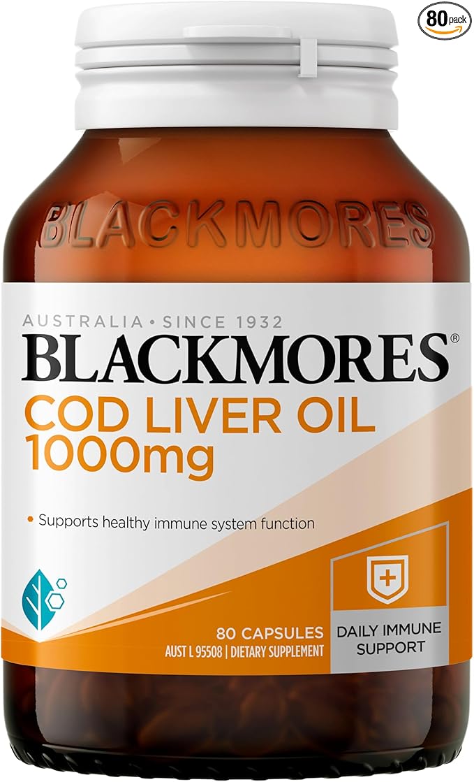Blackmores Cod Liver Oil 1000 mg 80 Capsules, Vitamin A + Vitamin D + Omega-3, Made in Australia