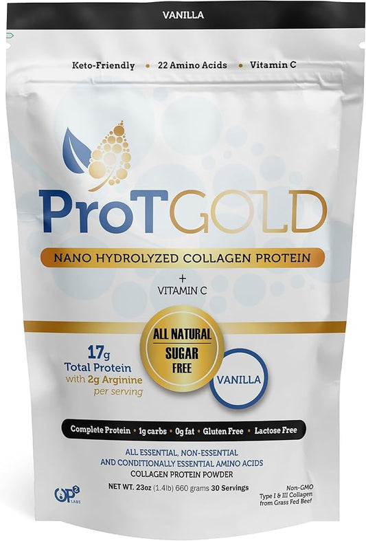 Collagen Protein Powder, 17g Protein Nano-Hydrolyzed Grass Fed Collagen, Vitamin C, 2g Arginine for Wound Support, Gluten Free, All Natural, Fat and Sugar Free, 0g Carbs, Vanilla, 23 oz, 30