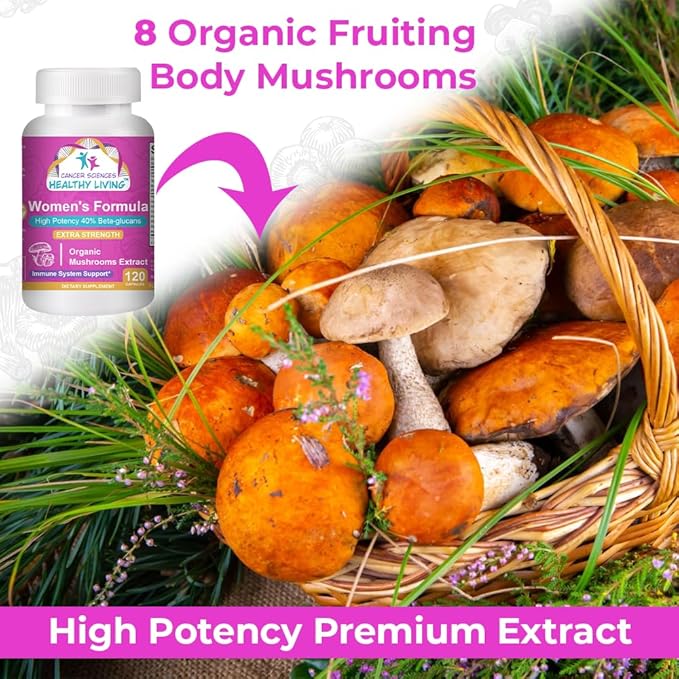 CANCER SCIENCES Women's Wellness Supplement, USDA Certified Organic Mushrooms Extract, Extra Strength 1,500 mg, High Potency 40% Beta-Glucans, Immune & Hormonal Support, Digestive Health, 120 Capsules