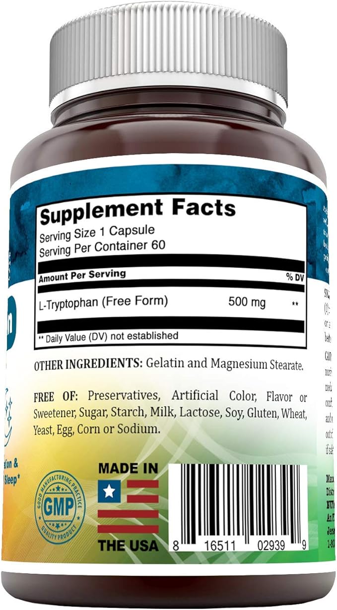 L-Tryptophan Dietary Supplement 500 mg 60 Capsules (Non-GMO) - Natural Sleep Aid Supplements with 500 mg of Free Form L Tryptophan - Circulation & Immune Support*