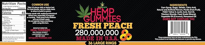 Hemp Gummies for Peace and Relaxation-High Potency Hemp Oil Gummys Peach-Fresh Full Flavor-Natural Hemp Edibles-for Back, Knees, Calm, Sleep, Discomfort-36 Large Rings-Made in USA