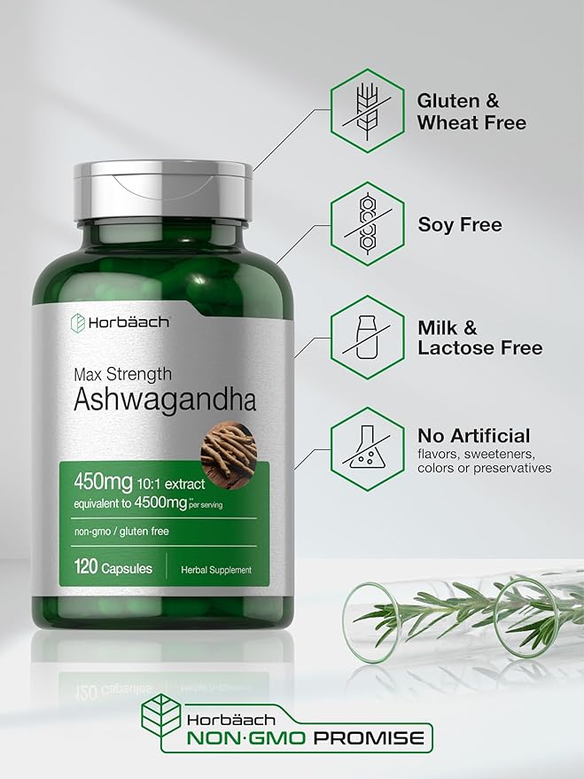 Horbäach Ashwagandha Supplement | Max Strength | 120 Capsules | Non-GMO, Gluten Free