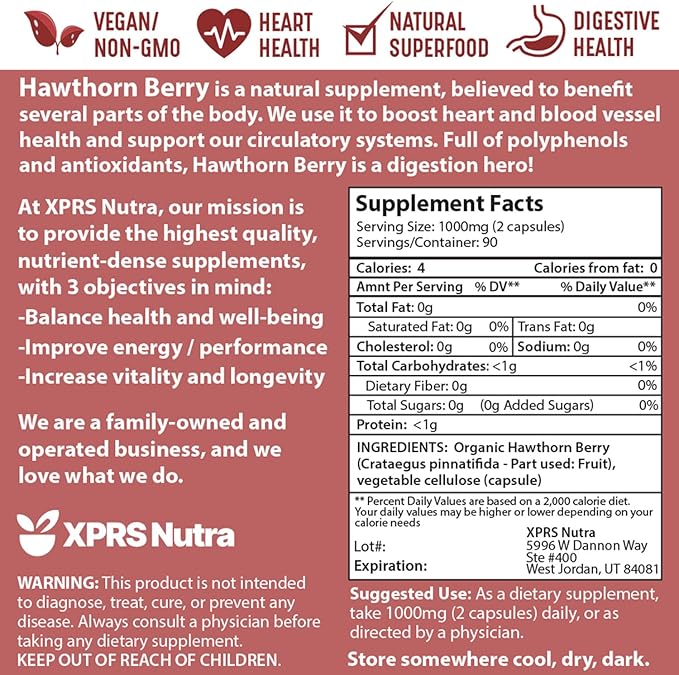 XPRS Nutra Hawthorn Berry Capsules - 180 Count (90 Day Supply) of Premium USDA Hawthorne Berry Capsules for Cardiovascular Support - Vegan Friendly Hearth Health Supplement