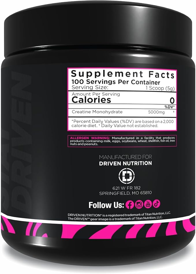 Driven Nutrition Creatine, 500g - Unflavored Micronized Powder, Physical Performance & Cognition - 5g Per Serving for Reduced Fatigue & Increased Strength, Muscle Mass, Endurance, & Speed