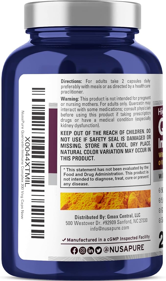 NusaPure Quercetin Complex: Bromelain, Vitamin C, Vitamin D3, Stinging Nettle, Zinc | 200 Veggie Caps (Non-GMO, Bioperine)