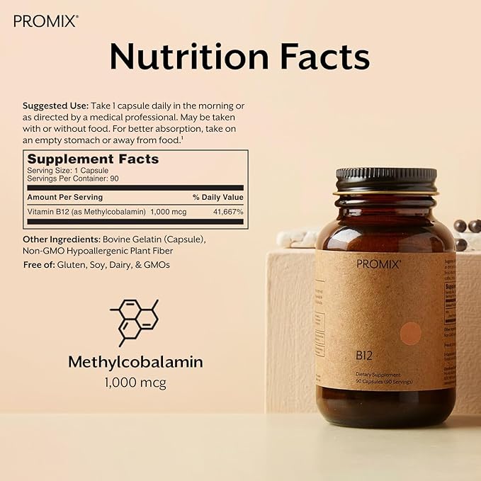 Promix Nutrition Vitamin B12 Supplement - 1000mcg as Methylcobalamin - Gut friendly - 90 count